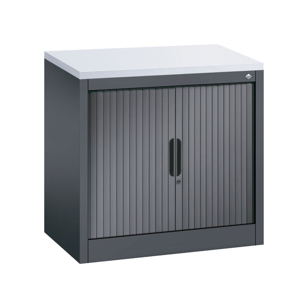 Meuble à volet roulant transversal C+P, 1 1/2 hauteur de classeur, largeur 800 mm, gris noir, Gris clair Illustration du produit: Meuble à volet roulant transversal C+P, 1 1/2 hauteur de classeur, largeur 800 mm, gris noir, Gris clair
