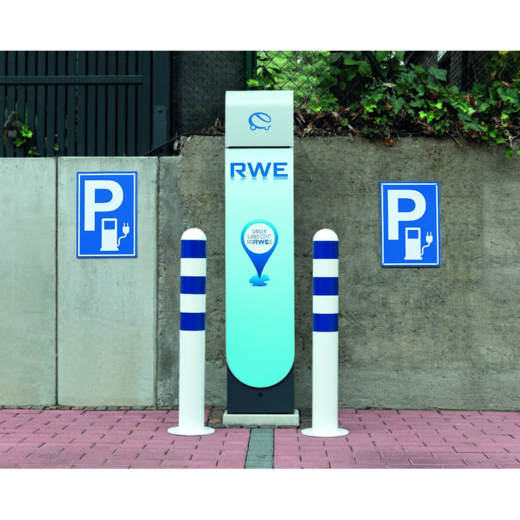 N° de l'image du produit 5 : Borne de protection pour colonnes de recharge II MORAVIA, Ø 108 mm, hauteur 800 mm, à cheviller au sol, acier, revêtement plastique, anneaux réfléchissants rouges