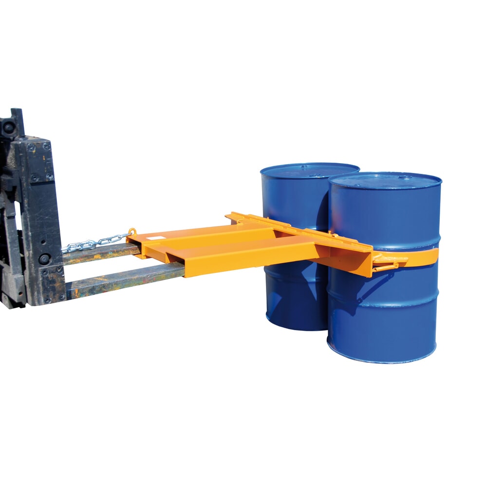 N° de l'image du produit 2 : Bauer® pince à fûts FK-I pour fûts à bonde en acier, fûts à couvercle en acier et fûts à arceau, accessoire pour chariot élévateur, capacité de charge 500 kg, peinte, RAL 2000 jaune-orange