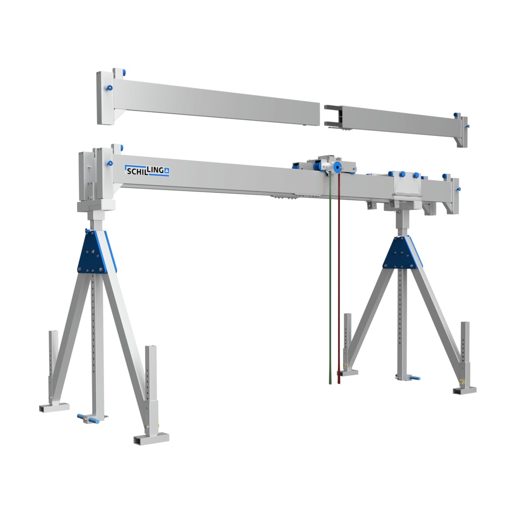 Portique de levage SCHILLING en aluminium avec double traverse divisible, point d'accrochage 2 155 -3 655 mm, longueur 6 000 mm, capacité de charge 1 000 kg Illustration du produit: Portique de levage SCHILLING en aluminium avec double traverse divisible, point d'accrochage 2 155 -3 655 mm, longueur 6 000 mm, capacité de charge 1 000 kg
