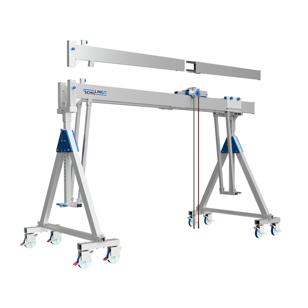 Portique de levage en alu avec double traverse divisible, mobile, point d’accrochage 2 613-3 363 mm, capacité de charge 3 000 kg Illustration du produit: Portique de levage en alu avec double traverse divisible, mobile, point d’accrochage 2 613-3 363 mm, capacité de charge 3 000 kg