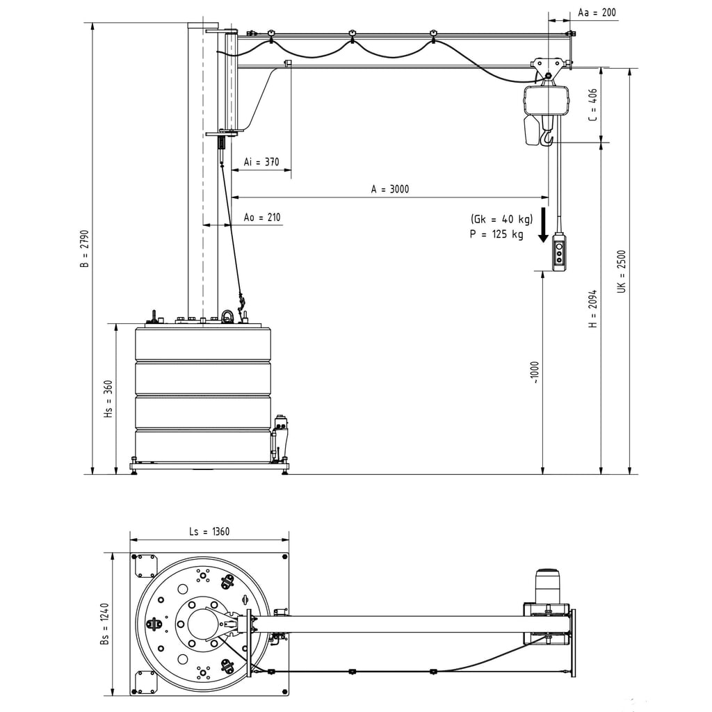 Potence VETTER®, palan électrique à chaîne LIFTKET inclus, plage de pivotement de 270°, portée 3 000 mm, capacité de charge 125 kg N° de l'image du produit 3 : Potence VETTER®, palan électrique à chaîne LIFTKET inclus, plage de pivotement de 270°, portée 3 000 mm, capacité de charge 125 kg