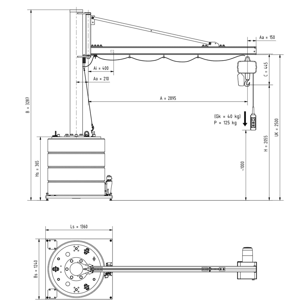 N° de l'image du produit 3 : Potence VETTER®, palan électrique à chaîne LIFTKET inclus, plage de pivotement de 270°, portée 2 900 mm, capacité de charge 125 kg