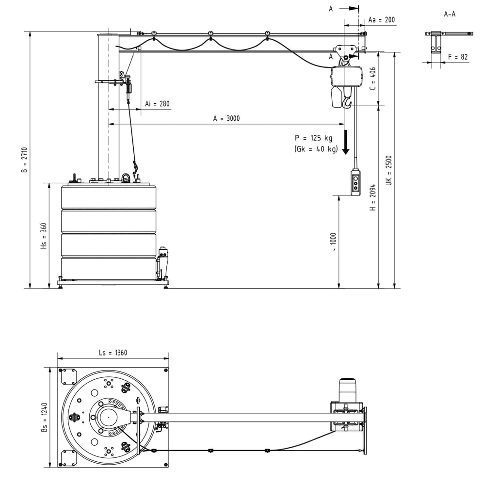 N° de l'image du produit 2 : Potence VETTER®, palan électrique à chaîne électrique LIFTKET inclus, version mobile, plage de pivotement de 360°, portée 3 000 mm, capacité de charge 125 kg
