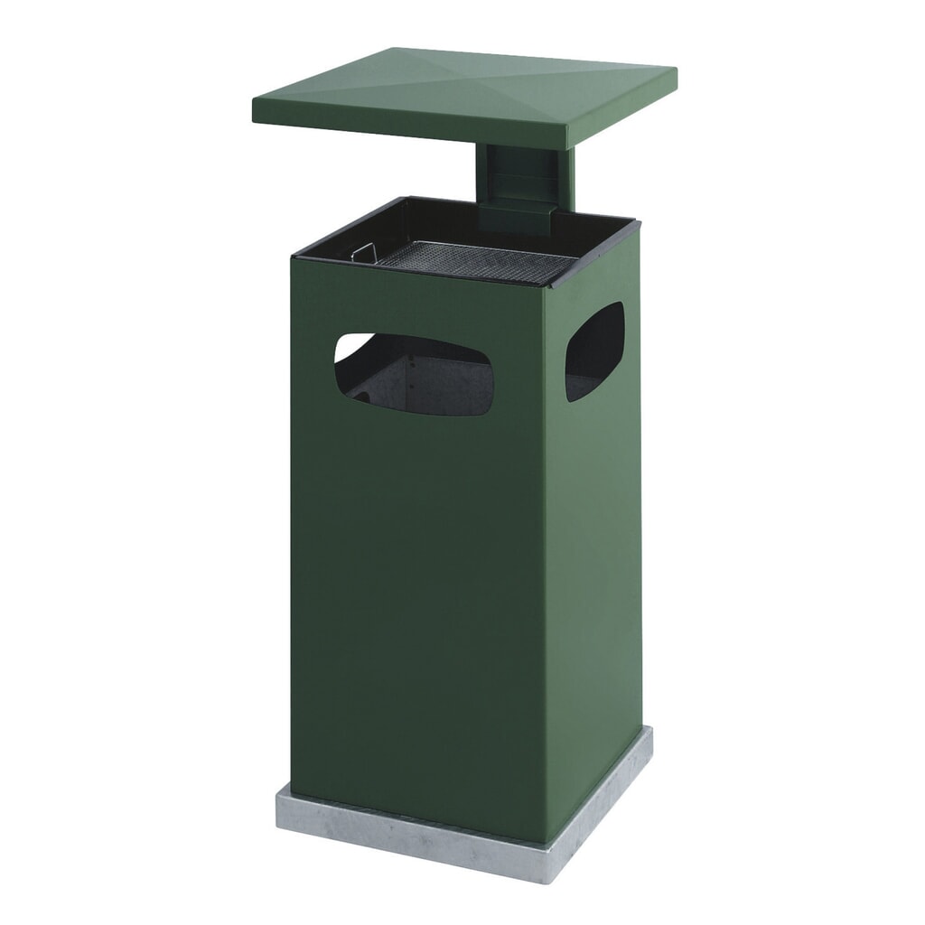 Poubelle-cendrier en acier, carrée, toit amovible, 70 litres, vert Illustration du produit: Poubelle-cendrier en acier, carrée, toit amovible, 70 litres, vert