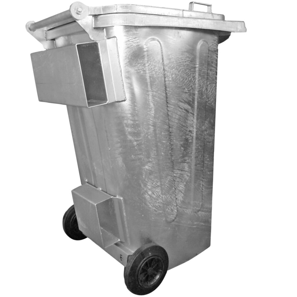 Poubelle en tôle d'acier galvanisée à chaud, 240 litres, avec roulettes et entrées de fourches Illustration du produit: Poubelle en tôle d'acier galvanisée à chaud, 240 litres, avec roulettes et entrées de fourches