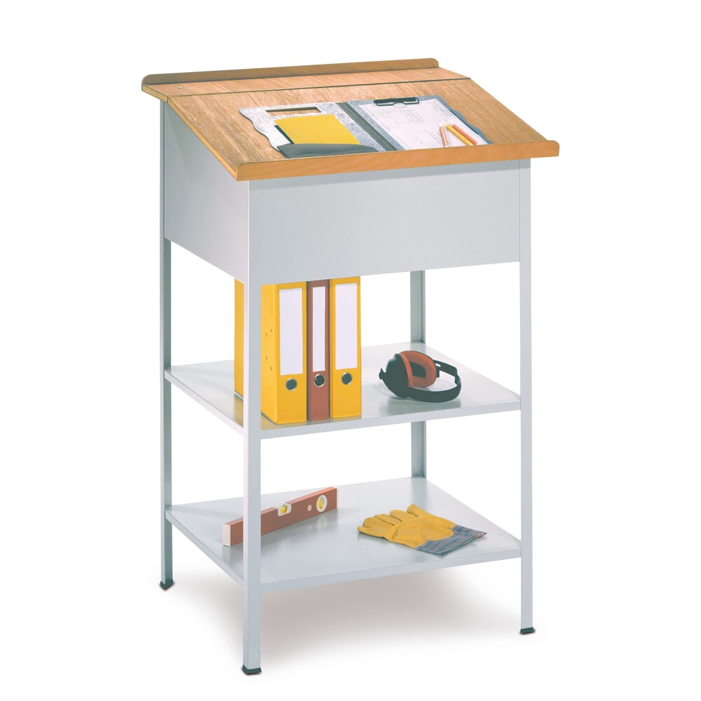 Illustration du produit: PAVOY pupitre industriel avec plateau en bois, ouvert, 2 tablettes, gris clair