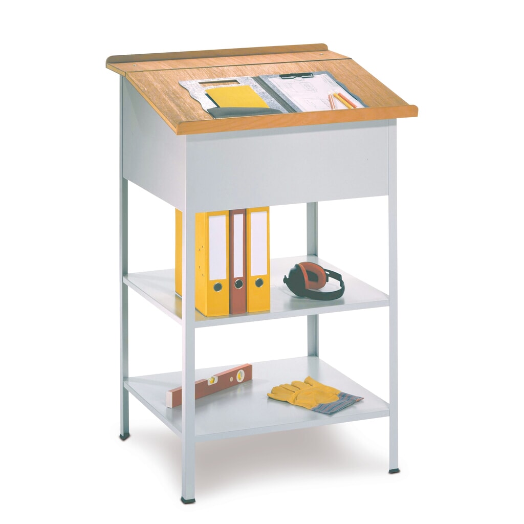 PAVOY pupitre industriel avec plateau en bois, ouvert, 2 tablettes, gris clair Illustration du produit: PAVOY pupitre industriel avec plateau en bois, ouvert, 2 tablettes, gris clair