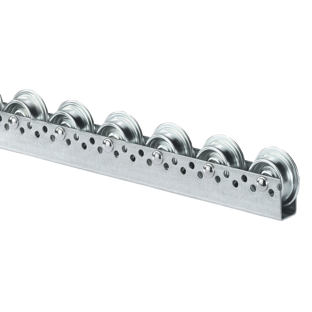 N° de l'image du produit 1 : Rail à galets universel, galets en acier, avec boudin de roue, paliers de 100 mm, capacité de charge par galet 20