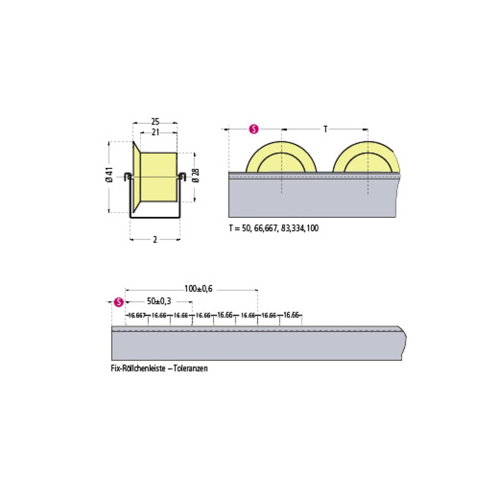 Baguette en U à galets, boudin de roue RU, paliers de 100 mm, capacité de charge par galet 5 kg N° de l'image du produit 2 : Baguette en U à galets, boudin de roue RU, paliers de 100 mm, capacité de charge par galet 5 kg