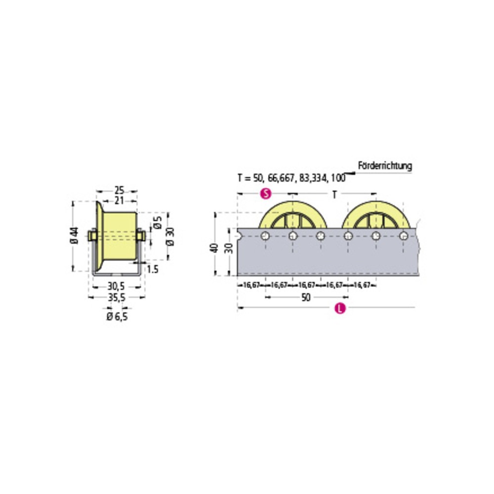 N° de l'image du produit 2 : Rail à rouleaux BS ROLLEN, rouleaux en plastique robustes avec rebord pour charges moyennes, charge par rouleau 12 kg, division 100 mm