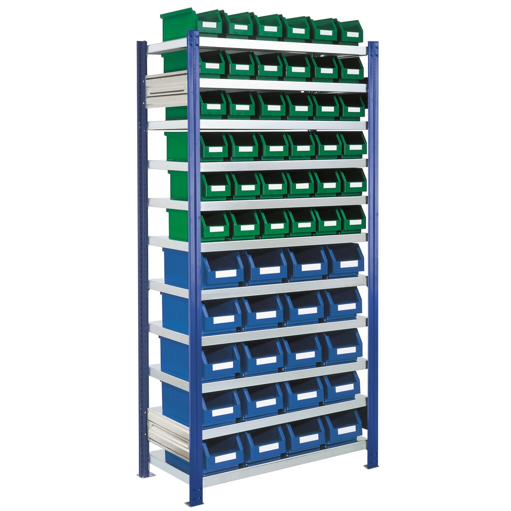 Illustration du produit: Kappes RasterPlan Rayonnage à tablettes bleu gentiane avec bacs à bec, charge par tablette 100 kg, HxlxP 2 000 x 1 060 x 435 mm