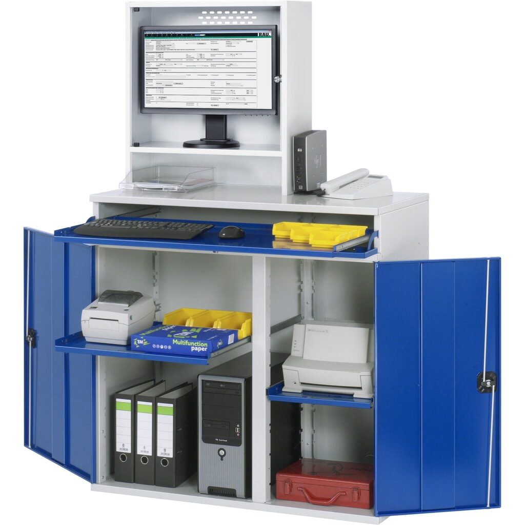 Illustration du produit: RAU Armoire informatique, boîtier d’écran, porte-clavier coulissant, double porte battante, compartiment pour écran profondeur 230, 2 x tablette extractible, fixe