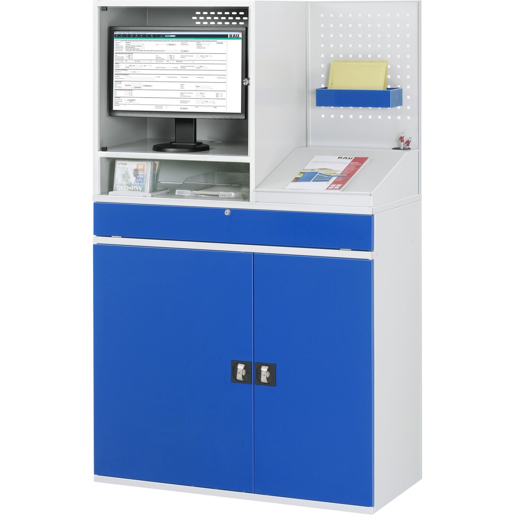 N° de l'image du produit 2 : RAU Armoire informatique, boîtier d’écran, porte-clavier coulissant, panneau arrière perforé, double porte battante, fixe