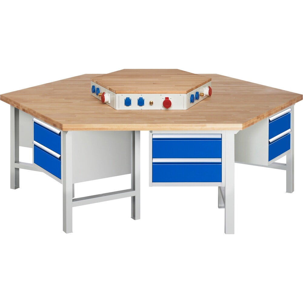 Illustration du produit: RAU Établi de groupe série 4000, rehausse d'alimentation, 6 caissons, HxlxP 800-1 150 x 2 700 x 2 340 mm, x tiroirs extractibles à 90 % avec ErgoScript®