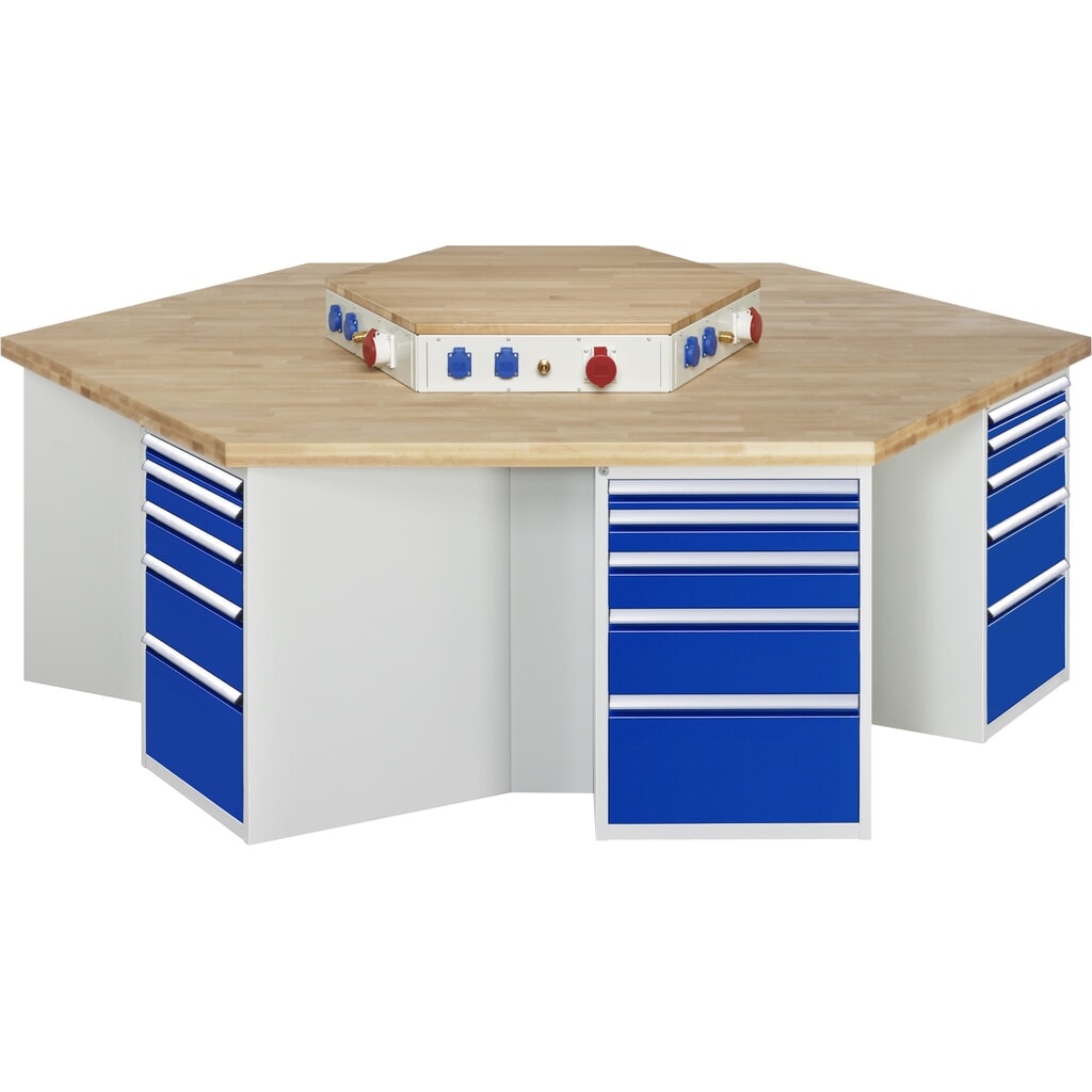 RAU Établi de groupe série 4000, HxlxP 890 x 2 700 x 2 340 mm, avec rehausse d’alimentation, 6 caissons sous plateau, avec 5 tiroirs chacun Illustration du produit: RAU Établi de groupe série 4000, HxlxP 890 x 2 700 x 2 340 mm, avec rehausse d’alimentation, 6 caissons sous plateau, avec 5 tiroirs chacun
