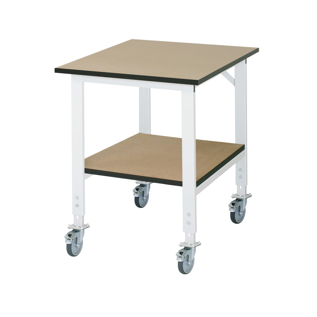 RAU Établi mobile réglable en hauteur série TOM avec tablette profondeur 795 mm, hauteur 910-1 230 mm, lxP 750 x 1 000 mm, Plan de travail en MDF Illustration du produit: RAU Établi mobile réglable en hauteur série TOM avec tablette profondeur 795 mm, hauteur 910-1 230 mm, lxP 750 x 1 000 mm, Plan de travail en MDF