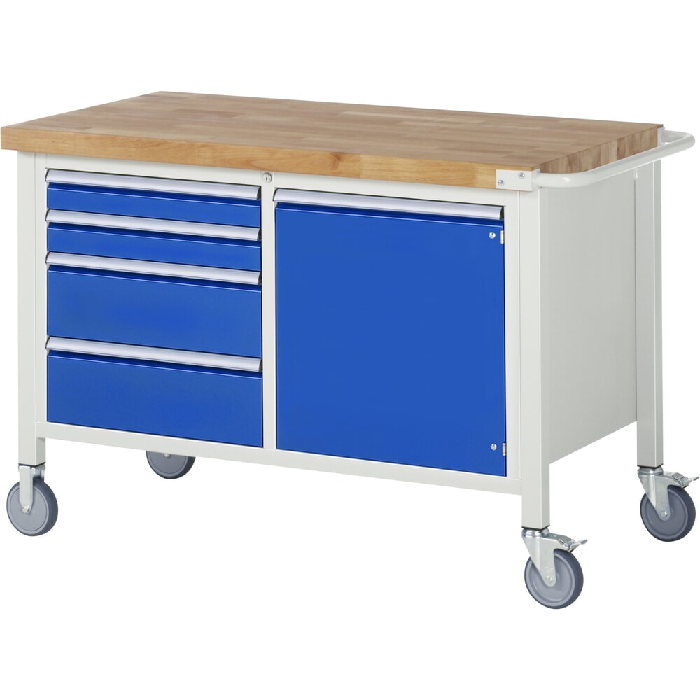 Illustration du produit: RAU Établi mobile série 8000, 1 caisson double, 1 tablette, 1 porte battante, HxlxP 880-1 080 x 1 250 x 700 mm, 4 tiroirs extractibles à 90 %