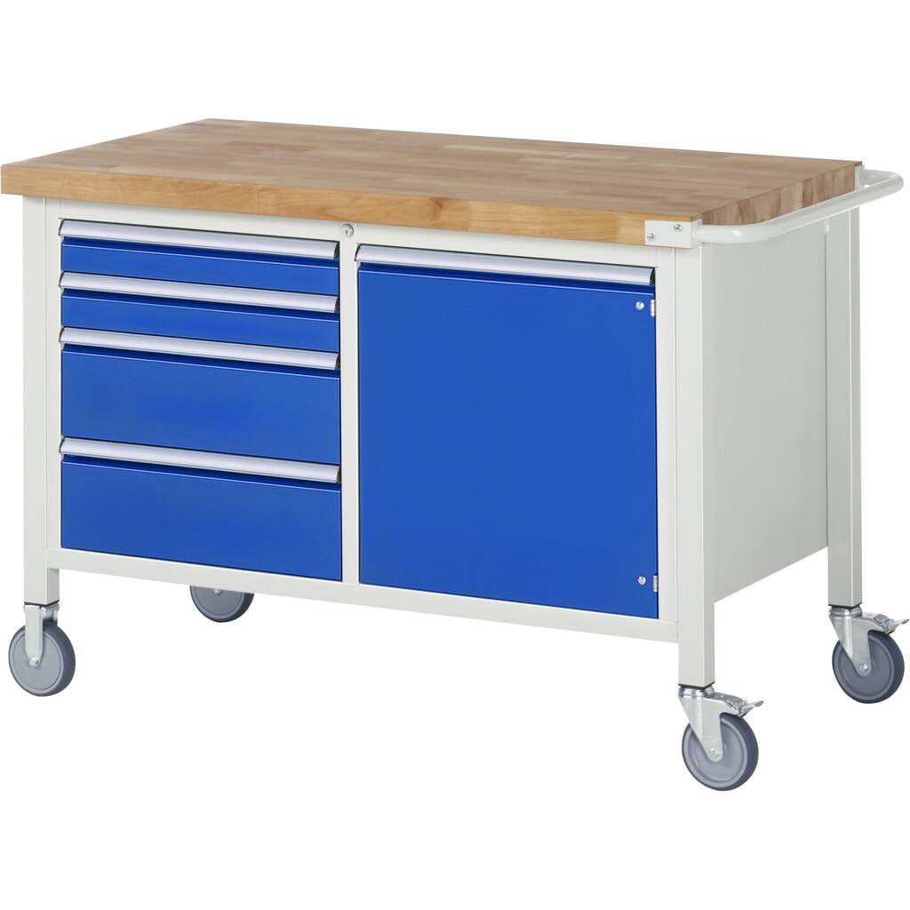 Illustration du produit: RAU Établi mobile série 8000, 1 caisson double, 1 tablette, 1 porte battante, HxlxP 880-1 080 x 1 250 x 700 mm, 4 tiroirs extractibles à 90 %