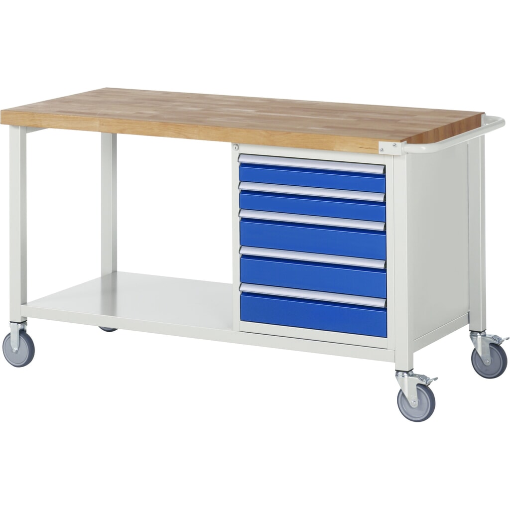 N° de l'image du produit 1 : RAU Établi mobile série 8000, 1 caisson, HxlxP 880-1 080 x 1 500 x 700 mm, 5 tiroirs 2 x 90, 3 x 120 mm