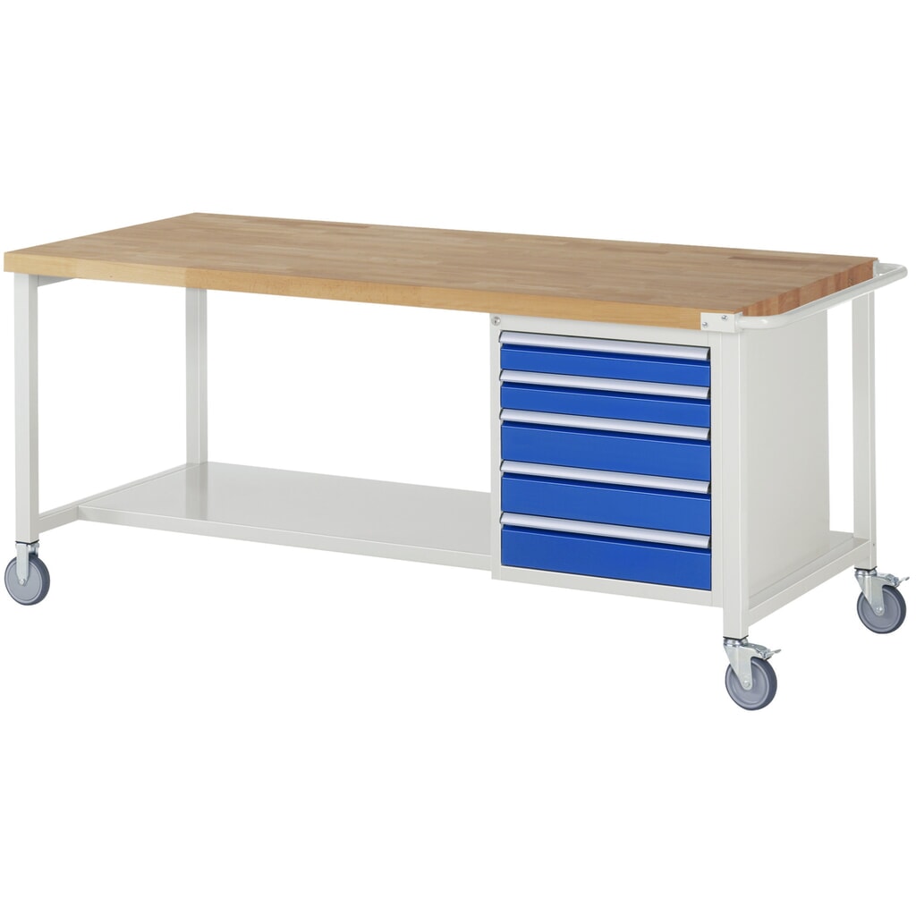N° de l'image du produit 1 : RAU Établi mobile série 8000, HxlxP 880 x 2 000 x 900 mm, 1 caisson sous plateau, avec 5 tiroirs