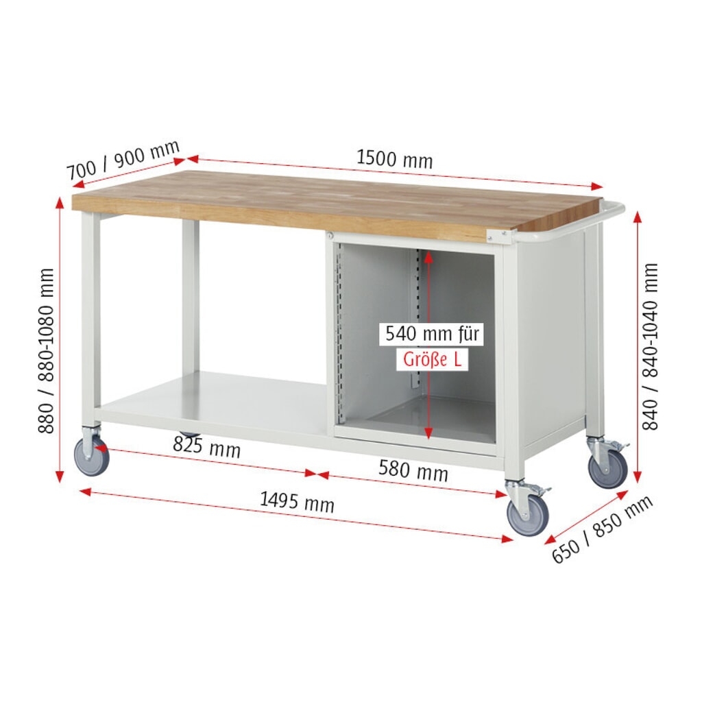 N° de l'image du produit 8 : RAU Établi mobile série 8000, 1 caisson, HxlxP 880-1 080 x 1 500 x 700 mm, 5 tiroirs 2 x 90, 3 x 120 mm