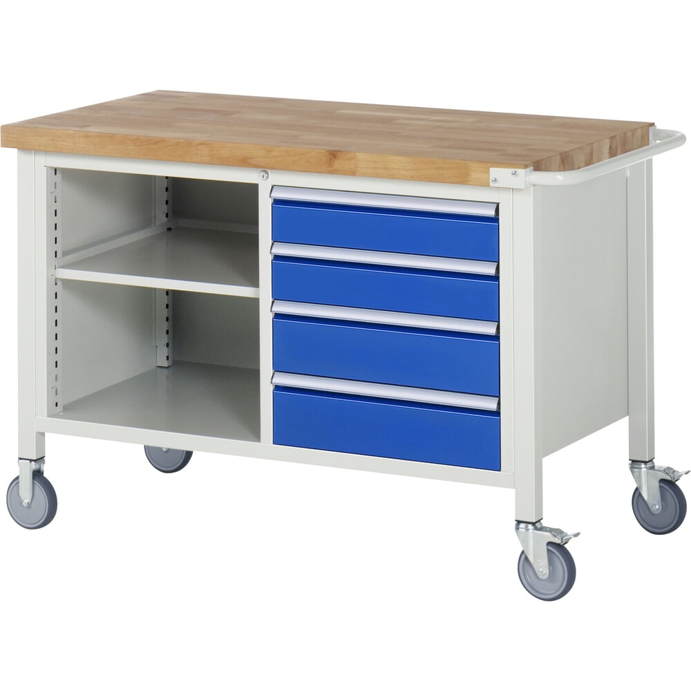 N° de l'image du produit 1 : RAU Établi mobile série 8000, 1 caisson double, 1 tablette, HxlxP 880 x 1 250 x 700 mm, 4 tiroirs extractibles à 90 %
