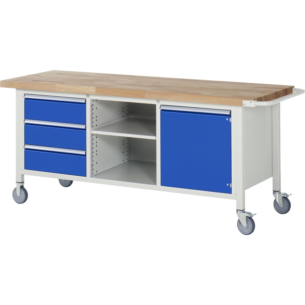Illustration du produit: RAU Établi mobile série 8000, HxlxP 880 x 2 000 x 700 mm, 1 triple caisson sous plateau, avec 3 tiroirs et 1 porte battante