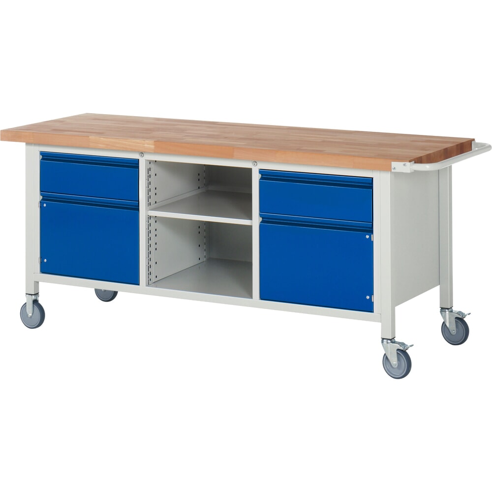 N° de l'image du produit 1 : RAU Établi mobile série 8000, 1 caisson triple, 1 tablette, 2 portes battantes, HxlxP 880 x 2 000 x 700 mm, 2 tiroirs 2 x 180 mm
