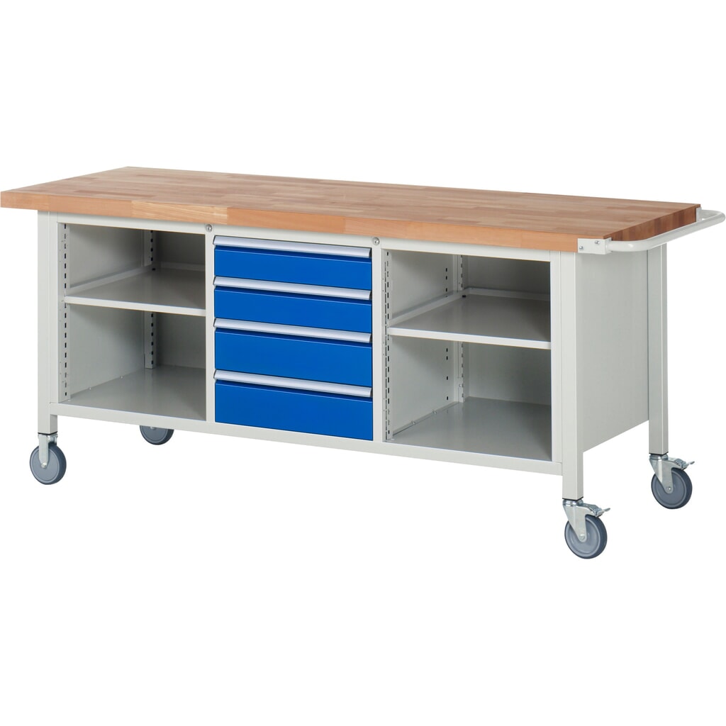 N° de l'image du produit 1 : RAU Établi mobile série 8000, 1 triple caisson, 1 tablette, HxlxP 880-1 080 x 2 000 x 700 mm, 4 tiroirs extractibles à 90 %