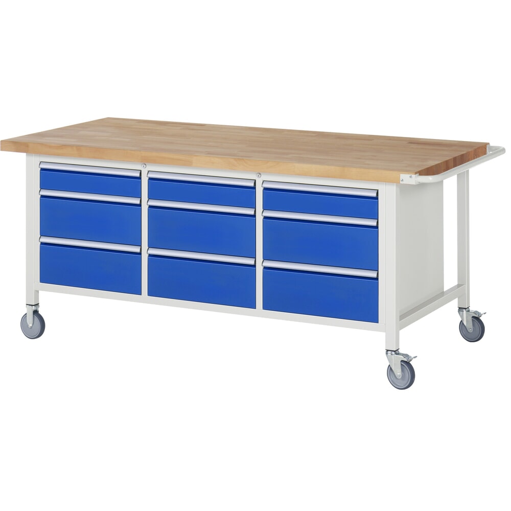 Illustration du produit: RAU Établi mobile série 8000, HxlxP 880 x 2 000 x 900 mm, 1 triple caisson sous plateau, avec 9 tiroirs