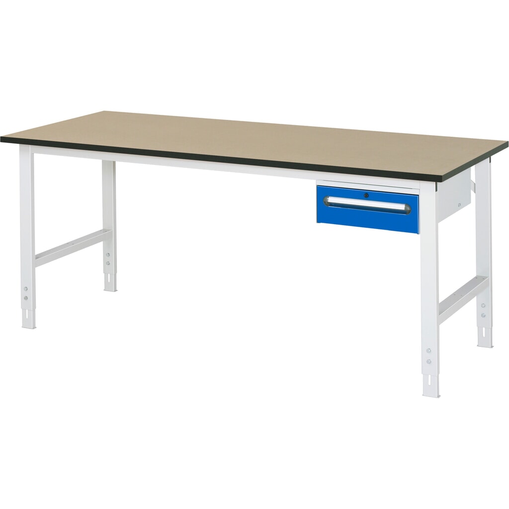RAU Table de travail réglable en hauteur Série TOM, HxlxP 760-1 080 x 2 500 x 800 mm, 1 tiroir, plan de travail en MDF Illustration du produit: RAU Table de travail réglable en hauteur Série TOM, HxlxP 760-1 080 x 2 500 x 800 mm, 1 tiroir, plan de travail en MDF