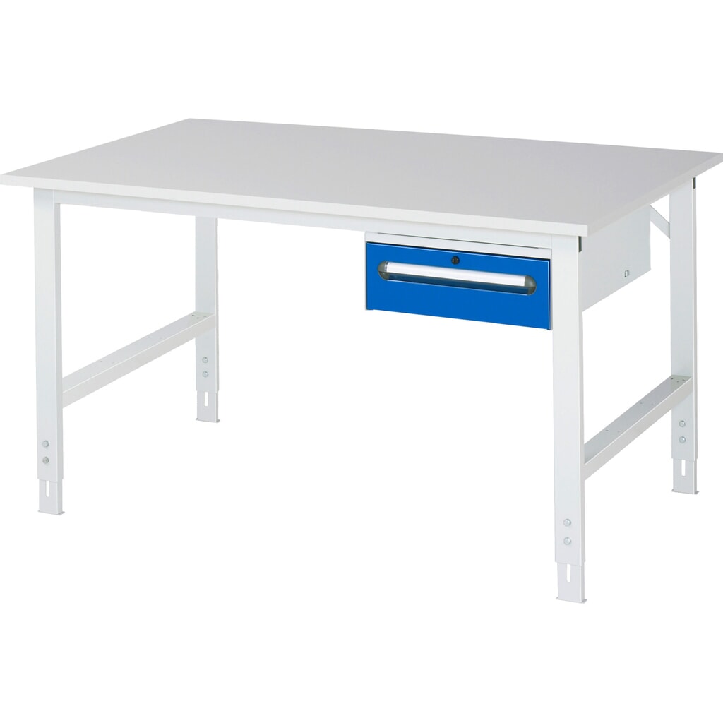 RAU Table de travail réglable en hauteur Série TOM, HxlxP 760-1 080 x 1 500 x 1 000 mm, 1 tiroir, plan de travail avec revêtement en mélamine Illustration du produit: RAU Table de travail réglable en hauteur Série TOM, HxlxP 760-1 080 x 1 500 x 1 000 mm, 1 tiroir, plan de travail avec revêtement en mélamine