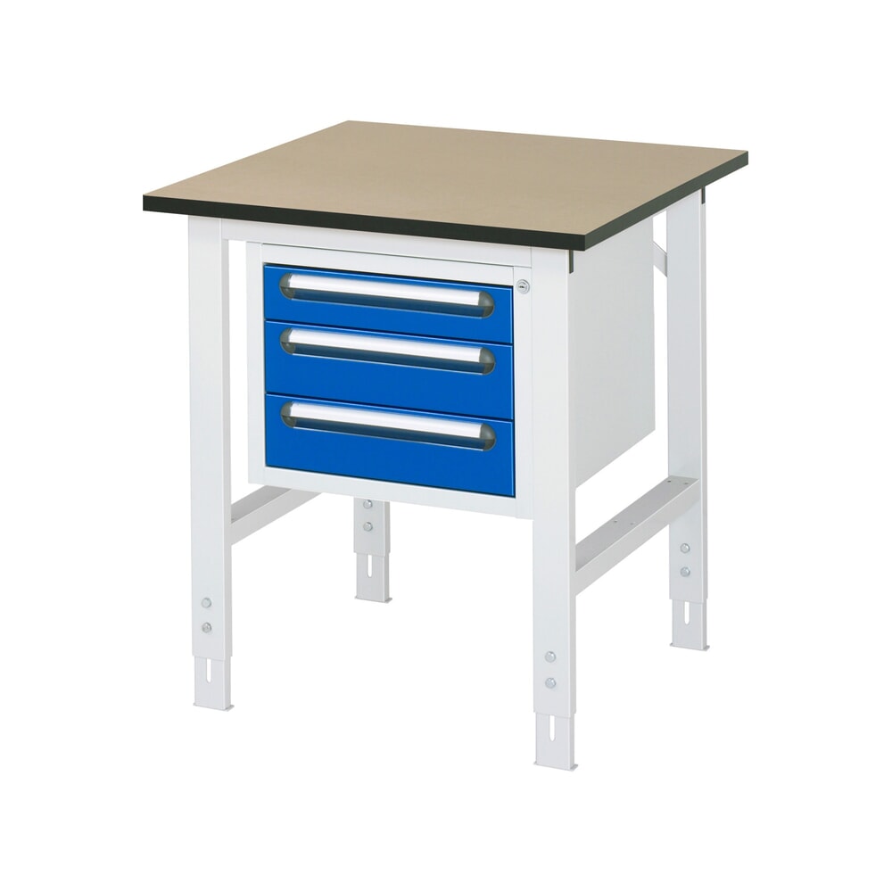 N° de l'image du produit 1 : RAU Table de travail réglable en hauteur Série TOM, HxlxP 760-1 080 x 750 x 800 mm, 3 tiroirs, plan de travail en MDF