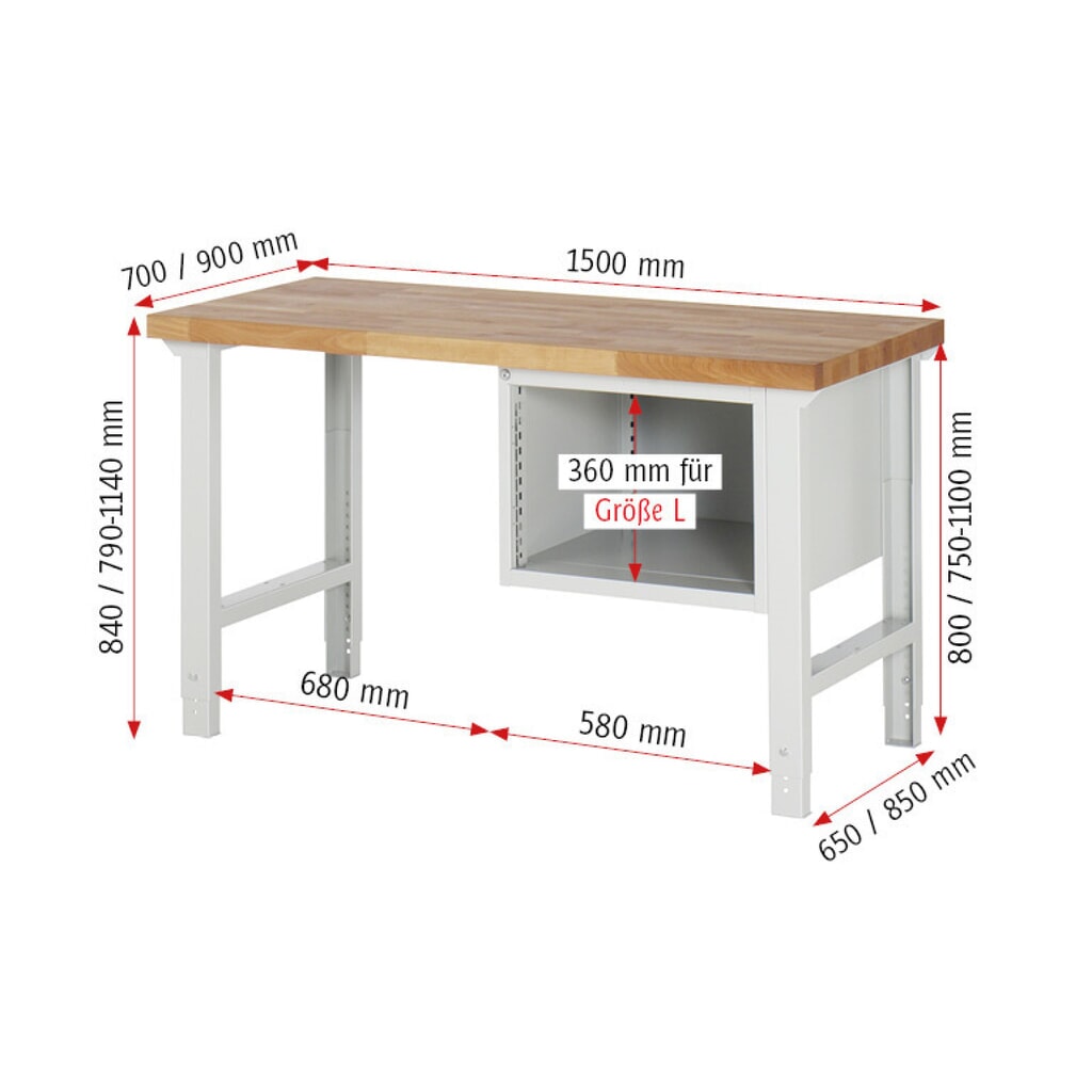 N° de l'image du produit 6 : RAU Établi série 7000, 1 caisson, HxlxP 840 x 1 500 x 900 mm, 2 tiroirs extractibles à 100 % 1 x 150, 1 x 210 mm
