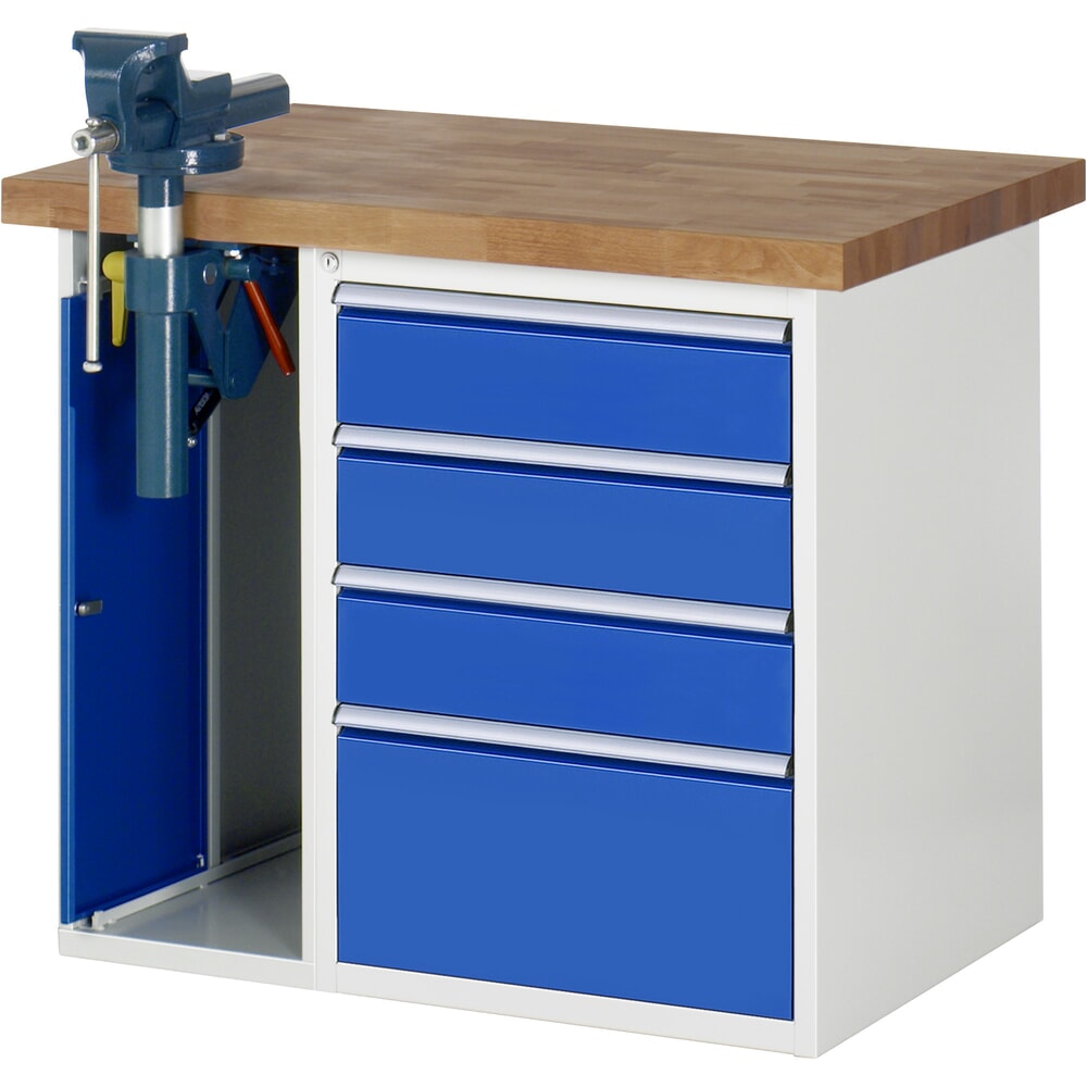N° de l'image du produit 1 : RAU Établi série 7000, HxlxP 890 x 1 000 x 700 mm, 1 caisson sous plateau, avec 4 tiroirs et un étau escamotable