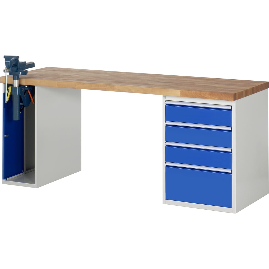 N° de l'image du produit 1 : RAU Établi série 7000, HxlxP 890 x 2 000 x 700 mm, 1 caisson sous plateau, avec 4 tiroirs et un étau escamotable