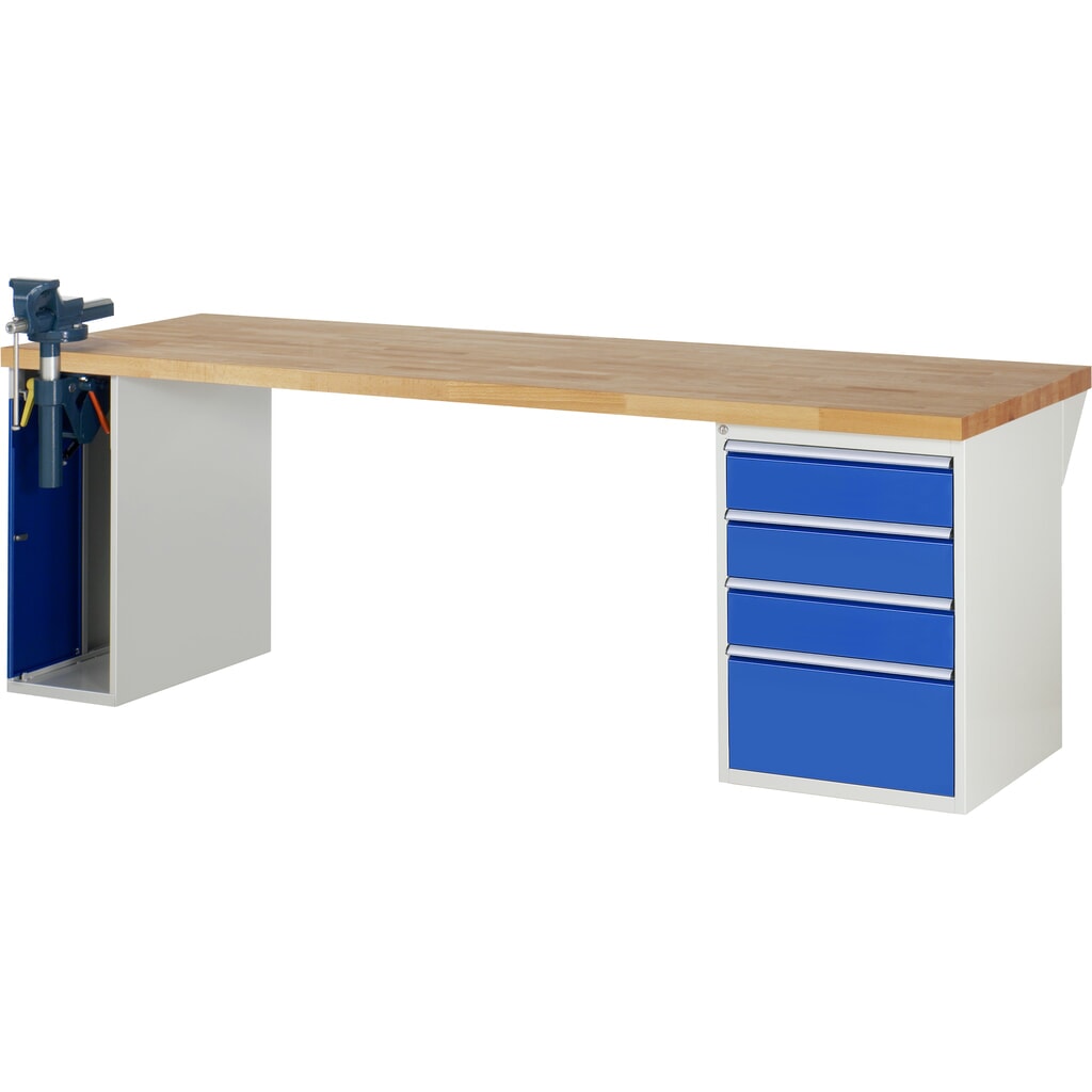 N° de l'image du produit 1 : RAU Établi série 7000, HxlxP 890 x 2 500 x 900 mm, 1 caisson sous plateau, avec 4 tiroirs et un étau escamotable