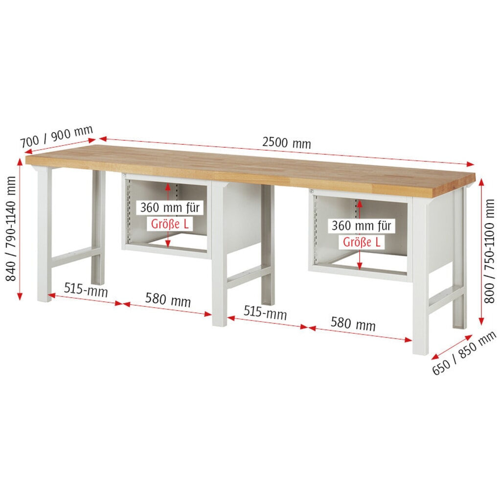 N° de l'image du produit 5 : RAU Établi série 7000, 2 caissons, HxlxP 840 x 2 500 x 900 mm, 4 tiroirs extractibles à 90 % 2 x 150 mm, 2 x 210 mm