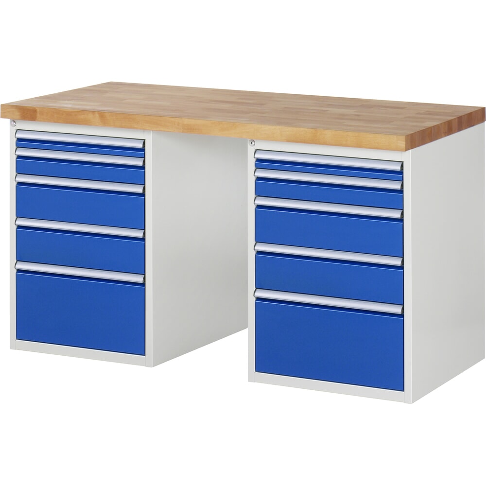 N° de l'image du produit 1 : RAU Établi série 7000, HxlxP 890 x 1 500 x 700 mm, 2 caissons sous plateau, avec 5 tiroirs chacun