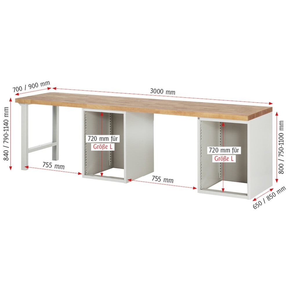 N° de l'image du produit 8 : RAU Établi série 7000, 2 caissons, HxlxP 890 x 3 000 x 700 mm, 2 tiroirs, 2 portes battantes, 2 tablettes
