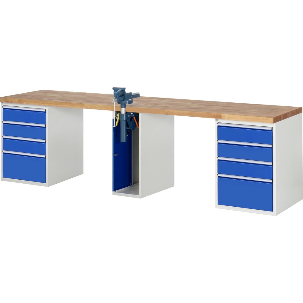 N° de l'image du produit 1 : RAU Établi série 7000, HxlxP 890 x 3 000 x 700 mm, 2 caissons sous plateau, avec 4 tiroirs chacun et un étau central escamotable