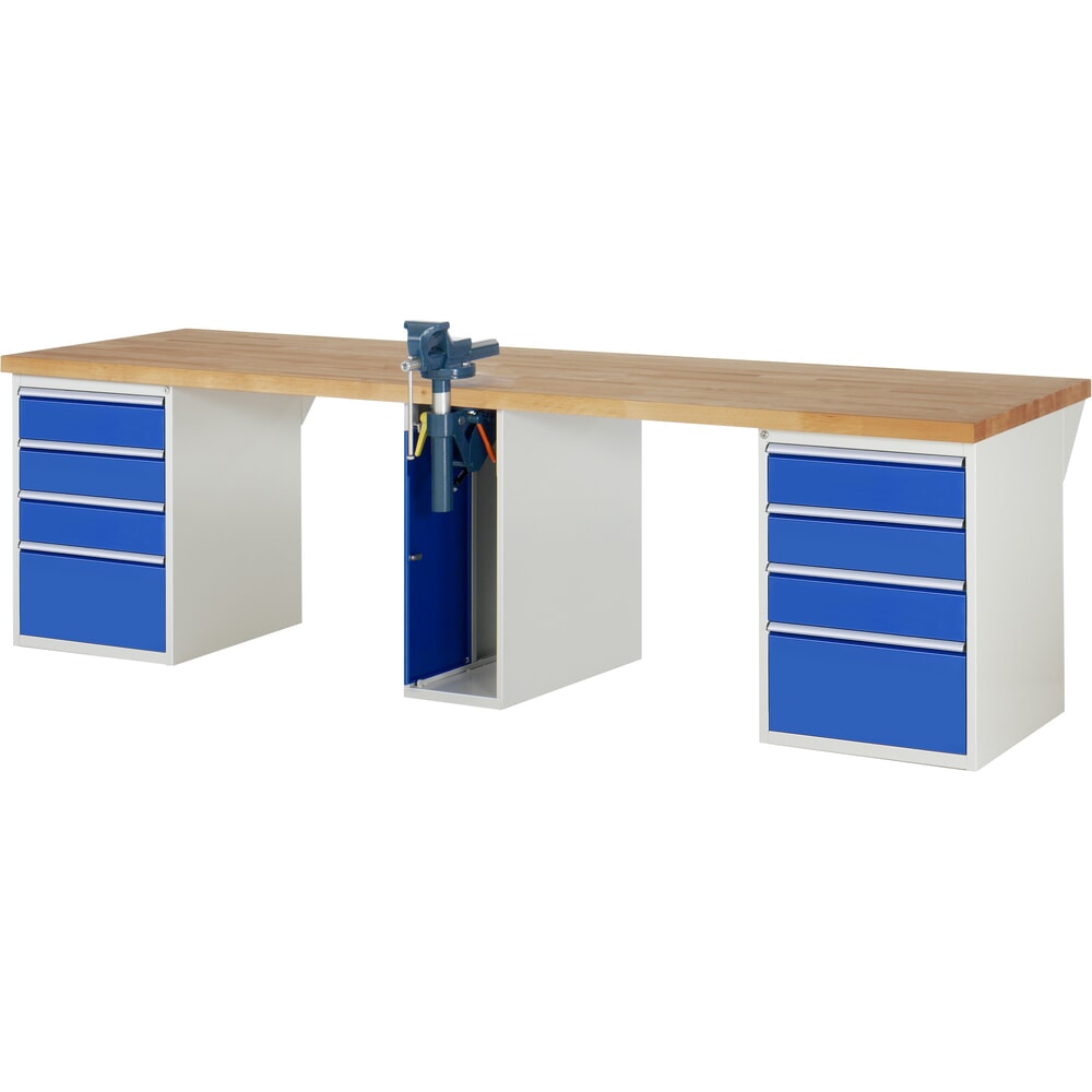 N° de l'image du produit 1 : RAU Établi série 7000, HxlxP 890 x 3 000 x 900 mm, 2 caissons sous plateau, avec 4 tiroirs chacun et un étau central escamotable