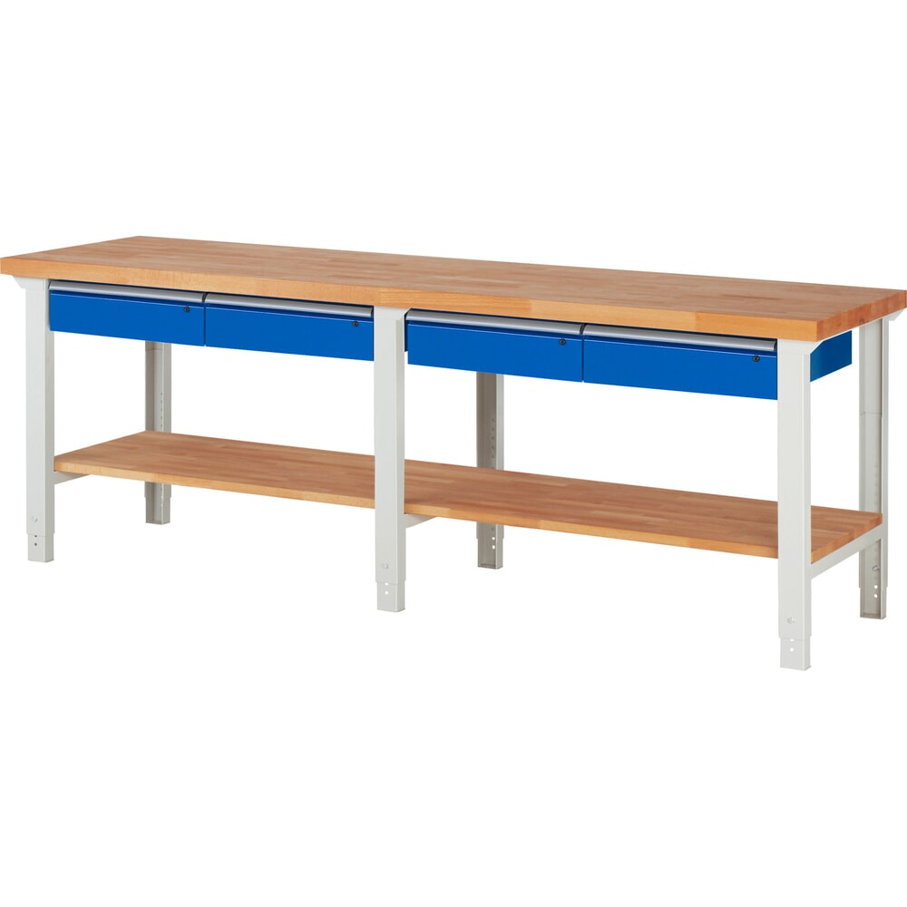 N° de l'image du produit 1 : RAU Établi série 7000, 1 tablette en hêtre massif, HxlxP 790-1 140 x 2 500 x 700 mm, 4 tiroirs 4 x 150 mm