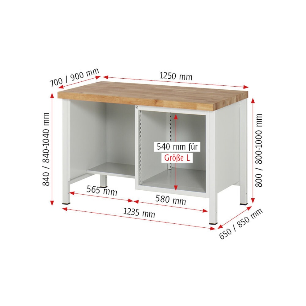 N° de l'image du produit 8 : RAU Établi série 8000, 1 tablette, HxlxP 840-1 040 x 1 250 x 700 mm, 2 tiroirs extractibles à 90 %