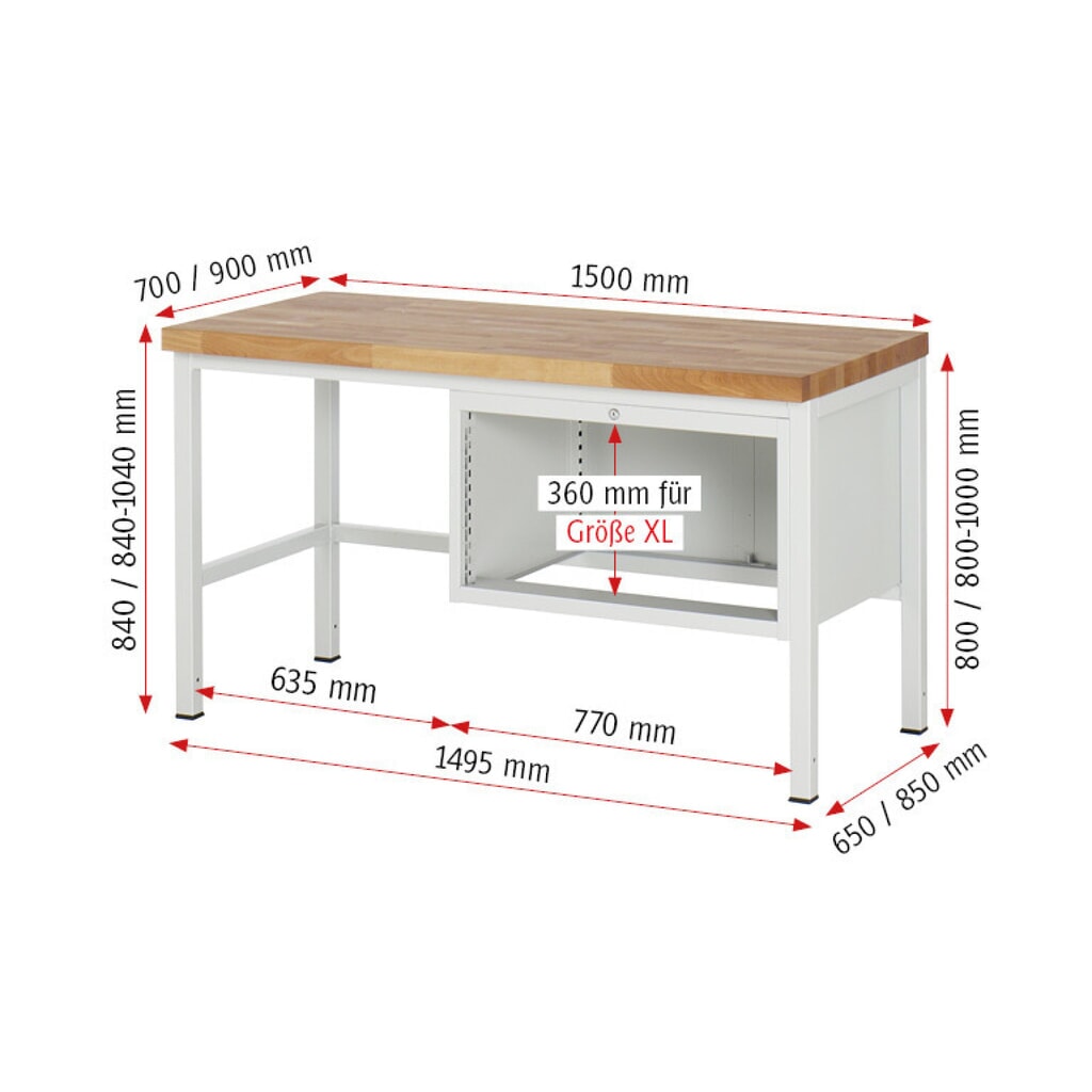 N° de l'image du produit 7 : RAU Établi série 8000, HxlxP 840-1 040 x 1 500 x 700 mm, 4 tiroirs extractibles à 90 % 4 x 90 mm, capacité de charge des tiroirs 75 kg