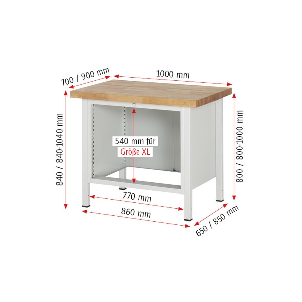 N° de l'image du produit 8 : RAU Établi série 8000, HxlxP 840-1 040 x 1 000 x 900 mm, 2 tiroirs extractibles à 90 % 2 x 270 mm, capacité de charge des tiroirs 75 kg