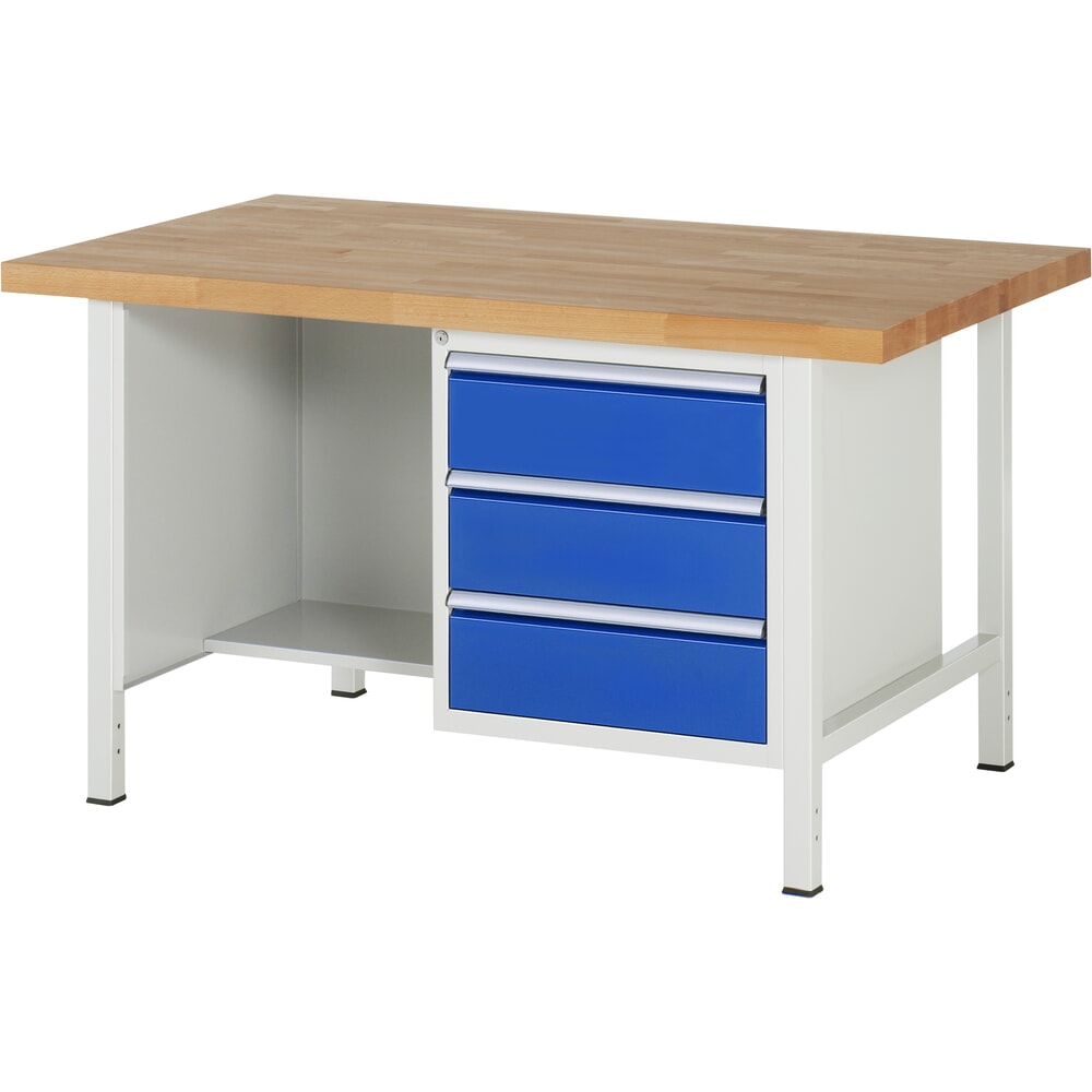 N° de l'image du produit 1 : RAU Établi série 8000, HxlxP 840-1 040 x 1 500 x 900 mm, 1 caisson sous plateau à droite et compartiment de rangement, avec 3 tiroirs