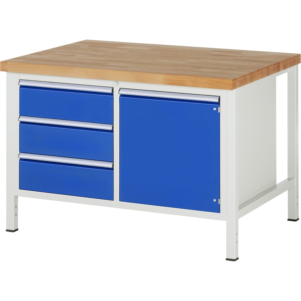 RAU Établi série 8000, HxlxP 840-1 040 x 1 250 x 900 mm, 1 double caisson sous plateau, avec 3 tiroirs et 1 porte battante Illustration du produit: RAU Établi série 8000, HxlxP 840-1 040 x 1 250 x 900 mm, 1 double caisson sous plateau, avec 3 tiroirs et 1 porte battante