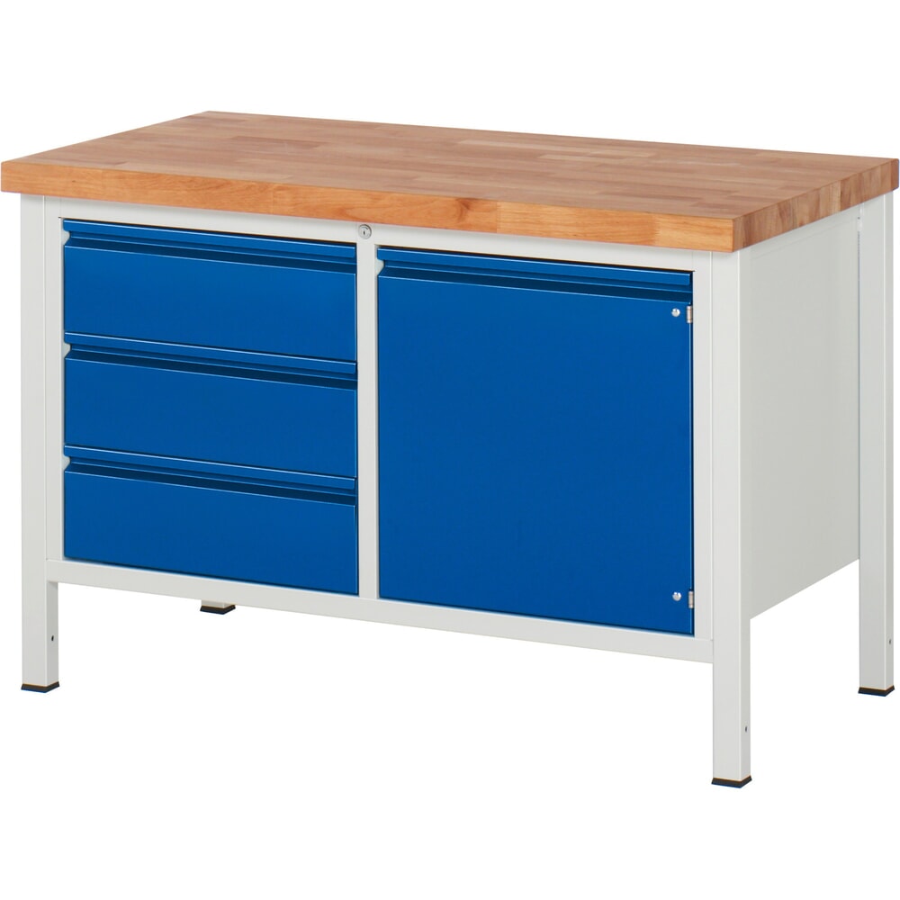 N° de l'image du produit 1 : RAU Établi série 8000, 1 caisson double, 1 tablette, 1 porte battante, HxlxP 840 x 1 250 x 700 mm, 3 tiroirs extractibles à 90 %